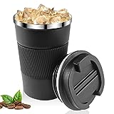 Relota Taza de Café 380mL Negro, Termo Cafe para Llevar 304 Acero Inoxidable Reutilizables Vaso Termico Cafe Antigoteo para Coche, Termo Café Hermético para Café Frío y Caliente, Leche y Té