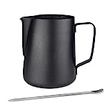 Emsmil 350ml Jarra para Leche Acero Inoxidable Negro Pequeña Taza de Café para Espumar con Marca de Medición y Lápiz Artístico Jarritas Leche para Barista Cafetera