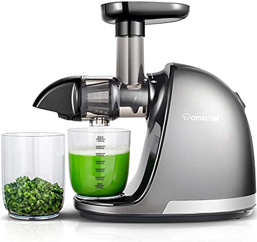 AMZCHEF Licuadora prensado en frío - Extractor de zumos y verduras - Licuadoras para zumos con 2 depósitos y cepillo - Cold press slow juicer machine con función de masticación inversa - Plata