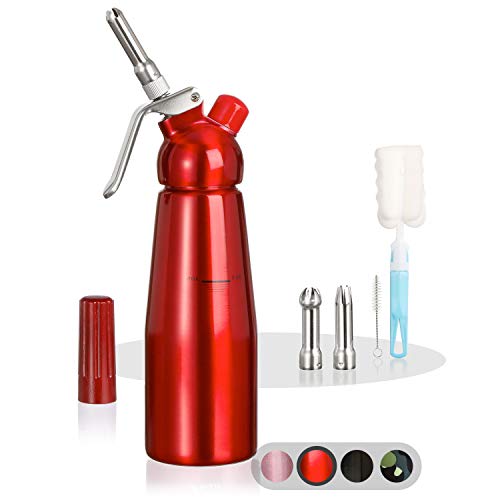 Amazy Sifon de Cocina para Espuma Profesional - Incluye 3 Accesorios Decorativos de Acero Inoxidable y 1 Cepillo (Rojo 500 ml) - Dispensador de Nata montada para Crema, Nata, Espuma y Soda.